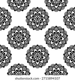nahtloses Muster, schwarz-weiß, monochrom, mandala, floral, Lotusblume, sich wiederholender Hintergrund, ornamental, dekorativ, orientalisch, indisch, ethnisch, stämmig, böhmisch, boho, Tapete, Stoffdruck, Vektorgrafik, Illustration, Zeichnung, handgezeichnet, kompliziert, detailliert, Symmetrie, geometrisch, spirituell, Yoga, Meditation, Zentangle, tattoo design, damask, batik, fliesenfähig, vintage, elegant, abstrakt, grafik, hintergrund, textur, verpackung, adult coloring book, kontrast, stilisiert, traditionell, kunst, natur, kultur, retro.