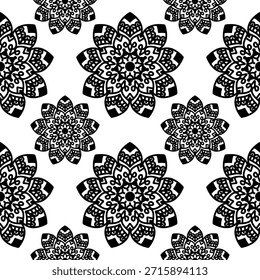 padrão sem costura, preto e branco, monocromático, mandala, floral, flor de lótus, fundo repetitivo, ornamental, decorativo, oriental, índio, étnico, tribal, boêmio, boho, papel de parede, design têxtil, impressão de tecido, vetor, ilustração, desenho, desenhado à mão, intrincado, detalhado, simetria, geométrica, espiritual, ioga, meditação, zentangle, design de tatuagem, damasco, batik, ladrilha, vintage, elegante, abstrato, gráfico, pano de fundo, textura, envoltório, embalagem, livro de coloração adulto, contraste, estilizado, tradicional arte, natureza, cultura, retro.