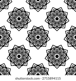 seamless pattern, black and white, monochrome, mandala, floral, lotus flower, repeating background, ornamental, decorative, oriental, Indian, ethnic, tribal, bohemian, boho, wallpaper, textile design, fabric print, vector, illustration, drawing, hand-drawn, intricate, detailed, symmetry, geometrical, spiritual, yoga, meditation, zentangle, tattoo design, damask, batik, tileable, vintage, elegant, abstract, graphic, backdrop, texture, wrapper, packaging, adult coloring book, contrast, stylized, traditional, art, nature, culture, retro.