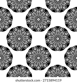 seamless pattern, black and white, monochrome, mandala, floral, lotus flower, repeating background, ornamental, decorative, oriental, Indian, ethnic, tribal, bohemian, boho, wallpaper, textile design, fabric print, vector, illustration, drawing, hand-drawn, intricate, detailed, symmetry, geometrical, spiritual, yoga, meditation, zentangle, tattoo design, damask, batik, tileable, vintage, elegant, abstract, graphic, backdrop, texture, wrapper, packaging, adult coloring book, contrast, stylized, traditional, art, nature, culture, retro.