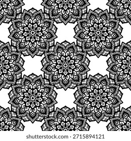 seamless pattern, black and white, monochrome, mandala, floral, lotus flower, repeating background, ornamental, decorative, oriental, Indian, ethnic, tribal, bohemian, boho, wallpaper, textile design, fabric print, vector, illustration, drawing, hand-drawn, intricate, detailed, symmetry, geometrical, spiritual, yoga, meditation, zentangle, tattoo design, damask, batik, tileable, vintage, elegant, abstract, graphic, backdrop, texture, wrapper, packaging, adult coloring book, contrast, stylized, traditional, art, nature, culture, retro.