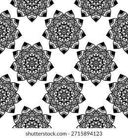 seamless pattern, black and white, monochrome, mandala, floral, lotus flower, repeating background, ornamental, decorative, oriental, Indian, ethnic, tribal, bohemian, boho, wallpaper, textile design, fabric print, vector, illustration, drawing, hand-drawn, intricate, detailed, symmetry, geometrical, spiritual, yoga, meditation, zentangle, tattoo design, damask, batik, tileable, vintage, elegant, abstract, graphic, backdrop, texture, wrapper, packaging, adult coloring book, contrast, stylized, traditional, art, nature, culture, retro.