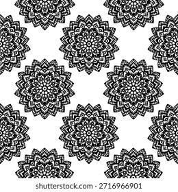seamless pattern, black and white, monochrome, mandala, floral, lotus flower, repeating background, ornamental, decorative, oriental, Indian, ethnic, tribal, bohemian, boho, wallpaper, textile design, fabric print, vector, illustration, drawing, hand-drawn, intricate, detailed, symmetry, geometrical, spiritual, yoga, meditation, zentangle, tattoo design, damask, batik, tileable, vintage, elegant, abstract, graphic, backdrop, texture, wrapper, packaging, adult coloring book, contrast, stylized, traditional, art, nature, culture, retro.