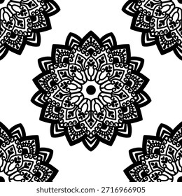 seamless pattern, black and white, monochrome, mandala, floral, lotus flower, repeating background, ornamental, decorative, oriental, Indian, ethnic, tribal, bohemian, boho, wallpaper, textile design, fabric print, vector, illustration, drawing, hand-drawn, intricate, detailed, symmetry, geometrical, spiritual, yoga, meditation, zentangle, tattoo design, damask, batik, tileable, vintage, elegant, abstract, graphic, backdrop, texture, wrapper, packaging, adult coloring book, contrast, stylized, traditional, art, nature, culture, retro.