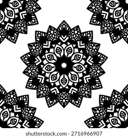 Patrón sin fisuras, blanco y negro, monocromo, mandala, floral, flor de loto, repitiendo fondo, ornamental, decorativo, oriental, indio, étnico, tribal, bohemio, boho, Fondo de pantalla, diseño textil, impresión de tela, Vector, ilustración, dibujo, dibujado a mano, intrincado, detallado, simetría, geométrico, espiritual, yoga, meditación, zentangle, diseño del tatuaje, damasco, batik, azulejo, vintage, elegante, abstracto, gráfico, telón de fondo, textura, envoltura, embalaje, libro para colorear para adultos, contraste, estilizado, tradicional, arte, naturaleza, cultura, retro.