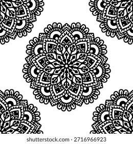 Patrón sin fisuras, blanco y negro, monocromo, mandala, floral, flor de loto, repitiendo fondo, ornamental, decorativo, oriental, indio, étnico, tribal, bohemio, boho, Fondo de pantalla, diseño textil, impresión de tela, Vector, ilustración, dibujo, dibujado a mano, intrincado, detallado, simetría, geométrico, espiritual, yoga, meditación, zentangle, diseño del tatuaje, damasco, batik, azulejo, vintage, elegante, abstracto, gráfico, telón de fondo, textura, envoltura, embalaje, libro para colorear para adultos, contraste, estilizado, tradicional, arte, naturaleza, cultura, retro.