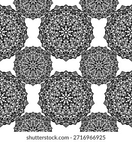 Patrón sin fisuras, blanco y negro, monocromo, mandala, floral, flor de loto, repitiendo fondo, ornamental, decorativo, oriental, indio, étnico, tribal, bohemio, boho, Fondo de pantalla, diseño textil, impresión de tela, Vector, ilustración, dibujo, dibujado a mano, intrincado, detallado, simetría, geométrico, espiritual, yoga, meditación, zentangle, diseño del tatuaje, damasco, batik, azulejo, vintage, elegante, abstracto, gráfico, telón de fondo, textura, envoltura, embalaje, libro para colorear para adultos, contraste, estilizado, tradicional, arte, naturaleza, cultura, retro.