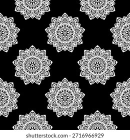 padrão sem costura, preto e branco, monocromático, mandala, floral, flor de lótus, fundo repetitivo, ornamental, decorativo, oriental, índio, étnico, tribal, boêmio, boho, papel de parede, design têxtil, impressão de tecido, vetor, ilustração, desenho, desenhado à mão, intrincado, detalhado, simetria, geométrica, espiritual, ioga, meditação, zentangle, design de tatuagem, damasco, batik, ladrilha, vintage, elegante, abstrato, gráfico, pano de fundo, textura, envoltório, embalagem, livro de coloração adulto, contraste, estilizado, tradicional arte, natureza, cultura, retro.