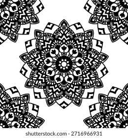 Patrón sin fisuras, blanco y negro, monocromo, mandala, floral, flor de loto, repitiendo fondo, ornamental, decorativo, oriental, indio, étnico, tribal, bohemio, boho, Fondo de pantalla, diseño textil, impresión de tela, Vector, ilustración, dibujo, dibujado a mano, intrincado, detallado, simetría, geométrico, espiritual, yoga, meditación, zentangle, diseño del tatuaje, damasco, batik, azulejo, vintage, elegante, abstracto, gráfico, telón de fondo, textura, envoltura, embalaje, libro para colorear para adultos, contraste, estilizado, tradicional, arte, naturaleza, cultura, retro.