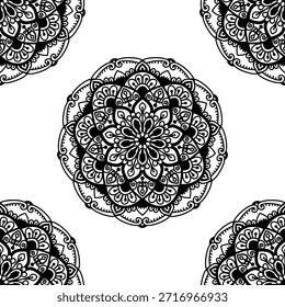 Patrón sin fisuras, blanco y negro, monocromo, mandala, floral, flor de loto, repitiendo fondo, ornamental, decorativo, oriental, indio, étnico, tribal, bohemio, boho, Fondo de pantalla, diseño textil, impresión de tela, Vector, ilustración, dibujo, dibujado a mano, intrincado, detallado, simetría, geométrico, espiritual, yoga, meditación, zentangle, diseño del tatuaje, damasco, batik, azulejo, vintage, elegante, abstracto, gráfico, telón de fondo, textura, envoltura, embalaje, libro para colorear para adultos, contraste, estilizado, tradicional, arte, naturaleza, cultura, retro.