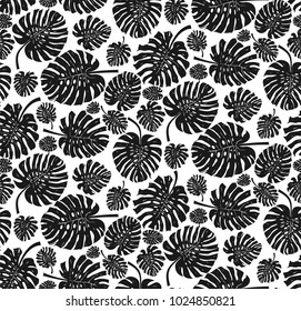 Seamless pattern black and white monstera tropical leaf. Vector illustration. Isolated on white background