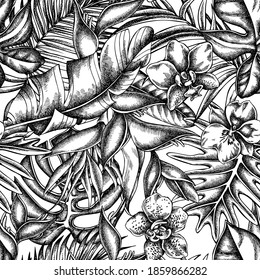 Seamless pattern with black and white monstera, banana palm leaves, strelitzia, heliconia, tropical palm leaves, orchid