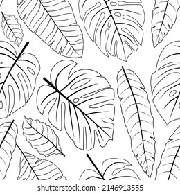 Seamless pattern with black and white monstera, banana palm leaves vector illustration