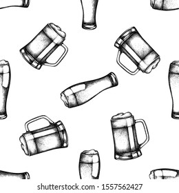 Seamless pattern with black and white mug of beer