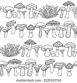 Seamless pattern with black and white mushrooms