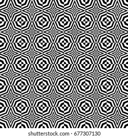 Seamless pattern with black white octagons and stars, canted striped lines. Optical illusion effect. Geometric tile in op art style. Vector illusive background, texture. Gala element, kaleidoscope.