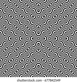 Seamless pattern with black white octagons and stars, canted striped lines. Optical illusion effect. Geometric tile in op art style. Vector illusive background, texture. Gala element, kaleidoscope.