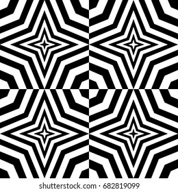 Seamless pattern with black white octagons and stars, canted striped lines. Optical illusion effect. Geometric tile in op art style. Vector illusive background, texture. Gala element, kaleidoscope.
