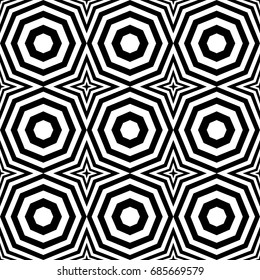 Seamless pattern with black white octagons and stars, canted striped lines. Optical illusion effect. Geometric tile in op art style. Vector illusive background, texture. Gala element, kaleidoscope.