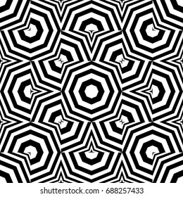 Seamless pattern with black white octagons and stars, canted striped lines. Optical illusion effect. Geometric tile in op art style. Vector illusive background, texture. Gala element, kaleidoscope.