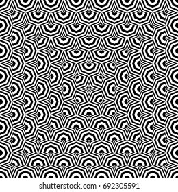 Seamless pattern with black white octagons and stars, canted striped lines. Optical illusion effect. Geometric tile in op art style. Vector illusive background, texture. Gala element, kaleidoscope.