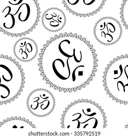 Seamless pattern of black and white Om signs