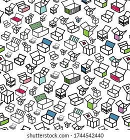 Seamless pattern with black and white pattern of open boxes of different sizes with added color on a white background