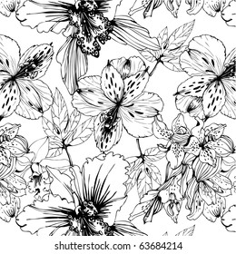 seamless pattern with black and white orchids