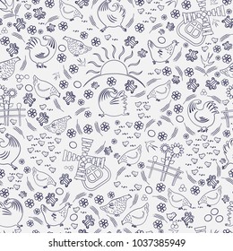  Seamless pattern. Black and white ornament on white background. Mills and wicker fences with sunflowers. Roosters, chickens, chickens. Easter eggs. Swallows, flowers, butterfly Vector illustration