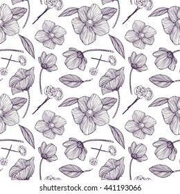 Seamless pattern with Black and white ornamental flowers. Monochrome background: Floral Texture, Decorative roses, peony, abstract elements. Hand drawn vector illustration.