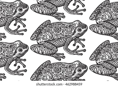 Seamless pattern with black and white ornate doodle frog and floral decorative ornament in graphic style. Vector endless background
