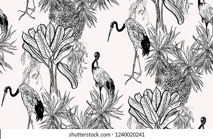 Seamless Pattern Black and White Outline Graphics Chinese Crane Birds in Bushes and Palms, Tropical Jungle, Oriental Print