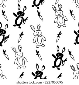 Seamless pattern with black and white outline rabbit with carrot. Wallpaper and fabric print.