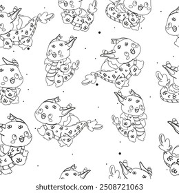 Seamless pattern black and white, outline Chinese new year character dragons