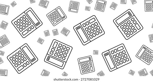 Un patrón sin fisuras de calculadoras de contorno en blanco y negro esparcidas sobre un fondo blanco. Las calculadoras varían en tamaño y Orientación, creando un visual dinámico y lúdico. Este diseño es perfecto para contenido educativo o relacionado con negocios.