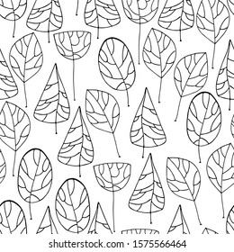 Seamless pattern with black and white outlines of fantasy trees for coloring books, surface design, other design projects