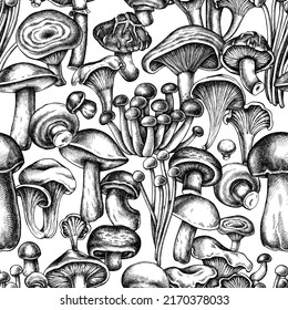 Seamless pattern with black and white oyster mushroom, champignon, honey agaric, etc.