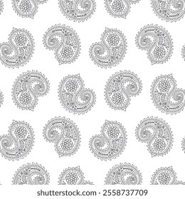 Seamless pattern with black and white Paisley motifs. Traditional indian monochrome repeat design.