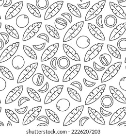 Seamless pattern with black and white palm leaves and coconuts. Tropical vector background with isolated objects on white background.