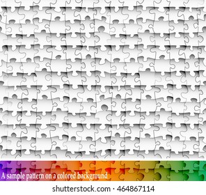 Seamless pattern of black and white paper jigsaw puzzles with transparency. For blending into color backgrounds.