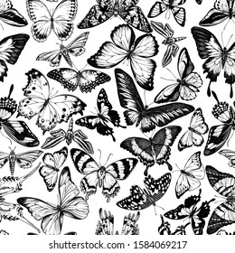 Seamless pattern with black and white papilio ulysses, morpho menelaus, graphium androcles, morpho rhetenor cacica, papilio demoleus, cethosia biblis, alcides agathyrsus, ornithoptera priamus