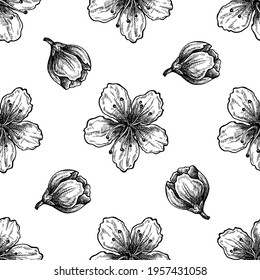 Seamless pattern with black and white peach flowers