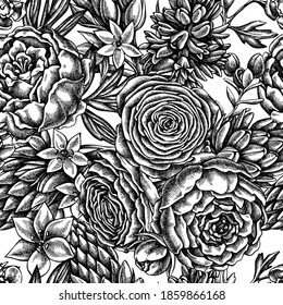 Seamless pattern with black and white peony, ranunculus, wax flower, ornithogalum, hyacinth