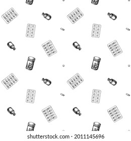 Seamless pattern with black and white pills and medicines