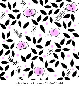 Seamless pattern of black white and pink elements of leaves, butterflies, twigs, lattice. Vektor illustration isolated on white background. Print wallpaper, wrapping paper, fabric, clothing.