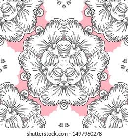 Seamless pattern with black, white and pink elements. A vector ornament in east style. Design for the text, invitation cards, various printing editions.