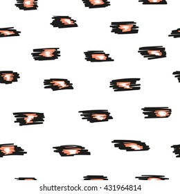 Seamless pattern with black, white and pink spots. Abstract animal print. Vector backgrounds. 