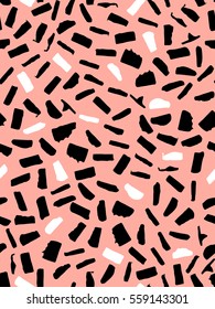Seamless pattern in black, white, pink with a rectangular shape. Ink and pen. Hand drawn. Vector illustration.