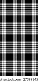 Seamless pattern black white plaid tartan check, diagonal hatch stripes, buffalo grid texture background for flannel textile, rustic farmhouse decor, gift wrap, wallpaper, repeat tile, vector style hd
