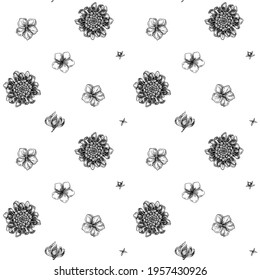 Seamless pattern with black and white plumeria, allamanda, clerodendrum, champak, etlingera, ixora